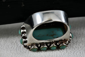 Native American Silver Large Rectangle Turquoise Bead Statement Signed Ring Size 6