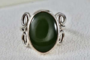 Sterling Silver Large Oval Green Jade Handmade Ring Size 7