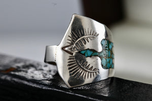 Native American Silver Turquoise Chip Inlay Thunderbird Spoon Ring Size 5