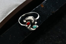 Load image into Gallery viewer, Native American Silver Red Coral &amp; Turquoise Bead Semi Moons Handmade Ring Size 5
