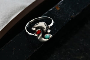 Native American Silver Red Coral & Turquoise Bead Semi Moons Handmade Ring Size 5