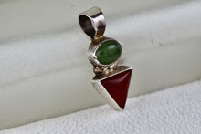 Load image into Gallery viewer, Sterling Silver Small Oval Green Peridot &amp; Red Coral Triangle Handmade Pendant Signed CRS
