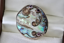 Load image into Gallery viewer, Sterling Silver Large Handmade Abalone Shell Inlay Purple Amethyst Medallion Pendant
