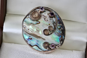 Sterling Silver Large Handmade Abalone Shell Inlay Purple Amethyst Medallion Pendant