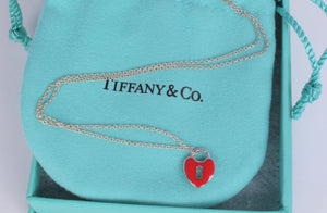 Tiffany & Co. Silver Red Enamel Keyhole Mini Heart Charm Necklace