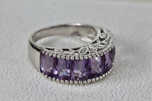 Sterling Silver Large Purple Amethysts Row Emerald Cut Filigree Dome Ring Size 9