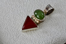 Load image into Gallery viewer, Sterling Silver Small Oval Green Peridot &amp; Red Coral Triangle Handmade Pendant Signed CRS
