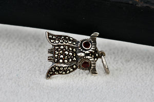 Sterling Silver Ruby Eyes Rhinestone Owl Charm Pendant Vintage