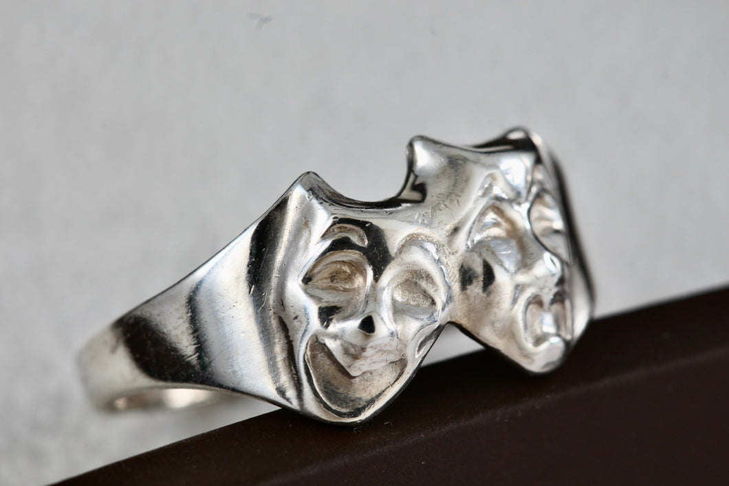Sterling Silver Happy-Tragedy Two-Faced Masks Band Ring Size 7