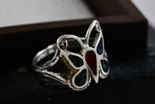 Load image into Gallery viewer, Native American Silver Handmade Butterly Red Coral &amp; Turquoise Chip Inlay Ring Sz. 6
