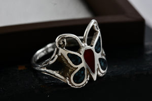 Native American Silver Handmade Butterly Red Coral & Turquoise Chip Inlay Ring Sz. 6