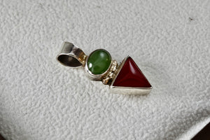 Sterling Silver Small Oval Green Peridot & Red Coral Triangle Handmade Pendant Signed CRS