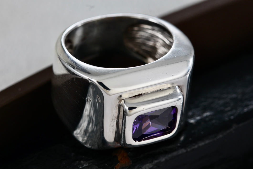 Sterling Silver Rectangle Purple Amethyst Square Dome Ring Size 6.5 Signed