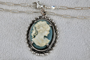 Sterling Silver Victorian Blue White Cameo Pendant 20" Necklace