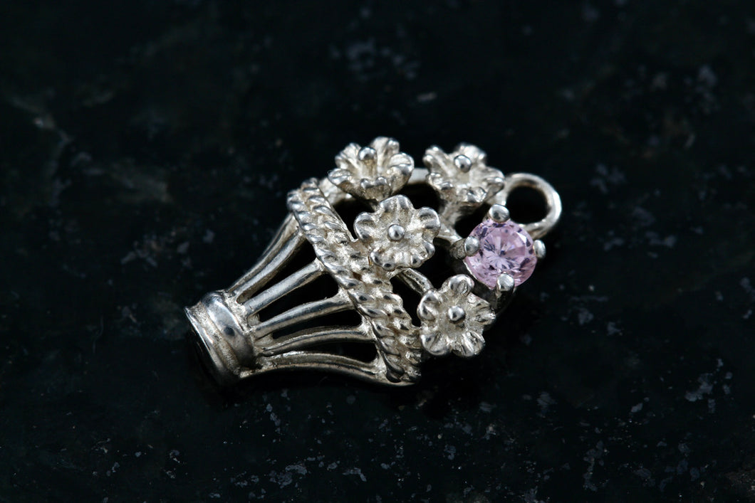 Sterling Silver Flower Bouquet Pink Sapphire Charm Pendant