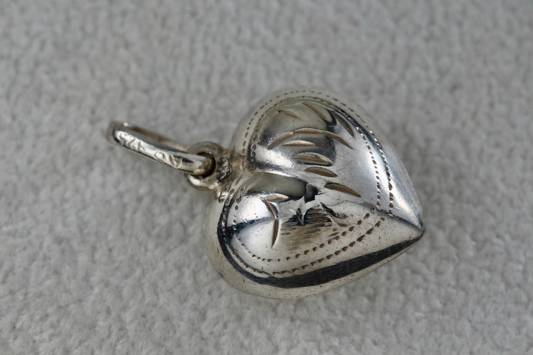 Sterling Silver Etched Carving Puffy Floating Heart Charm Pendant Signed