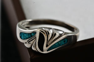 Native American Silver Copper Large Coral & Turquoise Chip Inlay Wavy Ring Size 11