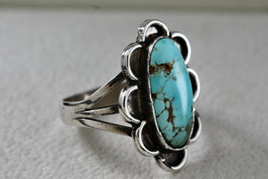 Sterling Silver Native American Long Turquoise Oval Handmade Ring Size 6.5