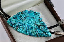 Load image into Gallery viewer, Native American Carved Turquoise Indian Warrior 3.5&quot; Pendant Bolo Tie 40&quot; Necklace
