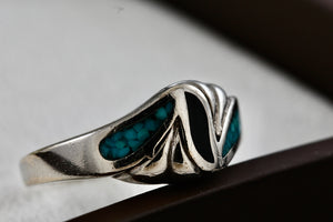 Native American Silver Copper Large Coral & Turquoise Chip Inlay Wavy Ring Size 11