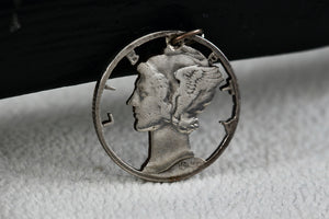 Handmade 1940's Silver American Mercury Dime 10 Cents Detailed Carved Pendant