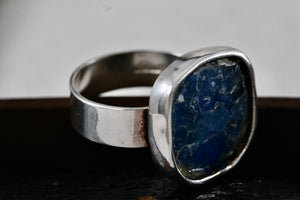 Sterling Silver Handmade Square Cracked Blue Glass Ring Size 7 Signed SR