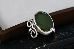 Sterling Silver Large Oval Green Jade Handmade Ring Size 7