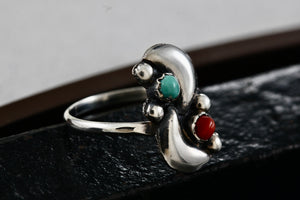 Native American Silver Red Coral & Turquoise Bead Semi Moons Handmade Ring Size 5