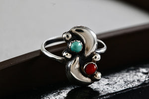 Native American Silver Red Coral & Turquoise Bead Semi Moons Handmade Ring Size 5