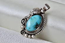 Load image into Gallery viewer, Native American Sterling Silver Leaf Turquoise Hand Made Pendant Signed JK
