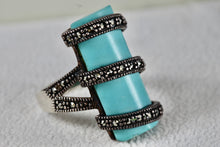 Load image into Gallery viewer, Sterling Silver Rhinestone Wrapped Turquoise Bar Ring Size 7
