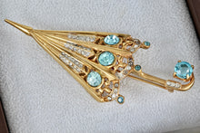 Load image into Gallery viewer, Sterling Silver Vermeil Umbrella Aquamarine Rhinestone 3.5&quot; Brooch Pin
