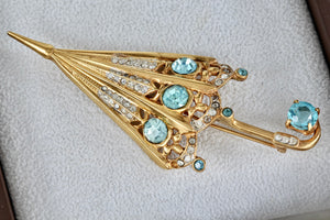 Sterling Silver Vermeil Umbrella Aquamarine Rhinestone 3.5" Brooch Pin