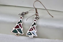 Load image into Gallery viewer, Silver Green &amp; Red Enamel Christmas Tree Dangle Earrings
