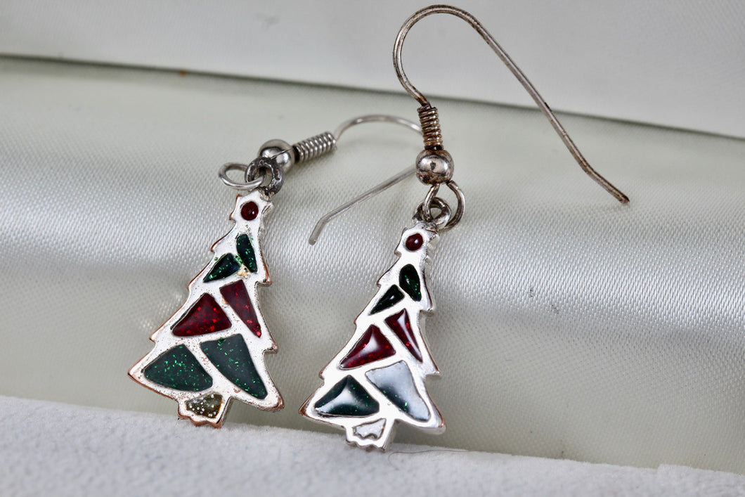 Silver Green & Red Enamel Christmas Tree Dangle Earrings