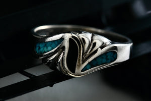 Native American Silver Copper Large Coral & Turquoise Chip Inlay Wavy Ring Size 11