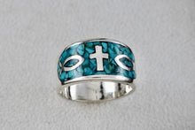 Load image into Gallery viewer, Native American Silver Large Turquoise Chip Inlay Fish &amp; Cross Christian Faith Ring Size 8.5
