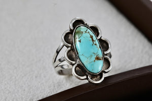 Sterling Silver Native American Long Turquoise Oval Handmade Ring Size 6.5