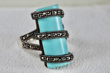 Load image into Gallery viewer, Sterling Silver Rhinestone Wrapped Turquoise Bar Ring Size 7
