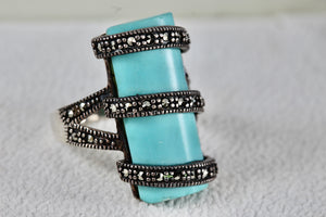 Sterling Silver Rhinestone Wrapped Turquoise Bar Ring Size 7