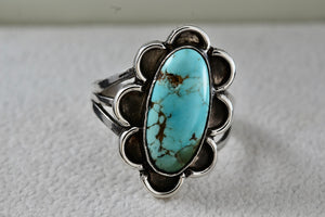 Sterling Silver Native American Long Turquoise Oval Handmade Ring Size 6.5