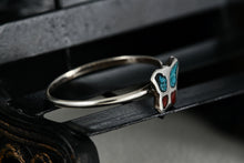 Load image into Gallery viewer, Native American Silver Red Coral &amp; Blue Turquoise Chip Inlay Butterfly Mini Ring Size 5.5
