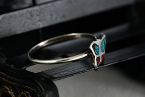 Native American Silver Red Coral & Blue Turquoise Chip Inlay Butterfly Mini Ring Size 5.5