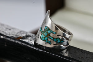 Native American Silver Turquoise Chip Inlay Thunderbird Spoon Ring Size 5