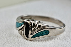 Native American Silver Copper Large Coral & Turquoise Chip Inlay Wavy Ring Size 11