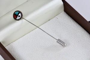 Native American Silver Coral, Pearl, Onyx & Turquoise Inlay Handmade Hair Pin Brooch