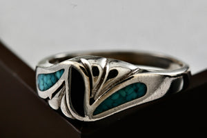 Native American Silver Copper Large Coral & Turquoise Chip Inlay Wavy Ring Size 11