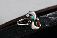 Load image into Gallery viewer, Native American Silver Red Coral &amp; Turquoise Bead Semi Moons Handmade Ring Size 5
