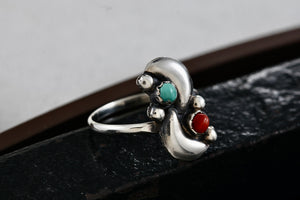 Native American Silver Red Coral & Turquoise Bead Semi Moons Handmade Ring Size 5