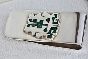 Silver MEXICO Green Malachite Chip Inlay Mayan Warrior Two-Faced Money-clip